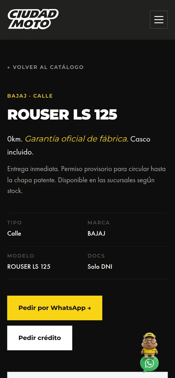 Ficha de un modelo con el botón para pedirlo por WhatsApp