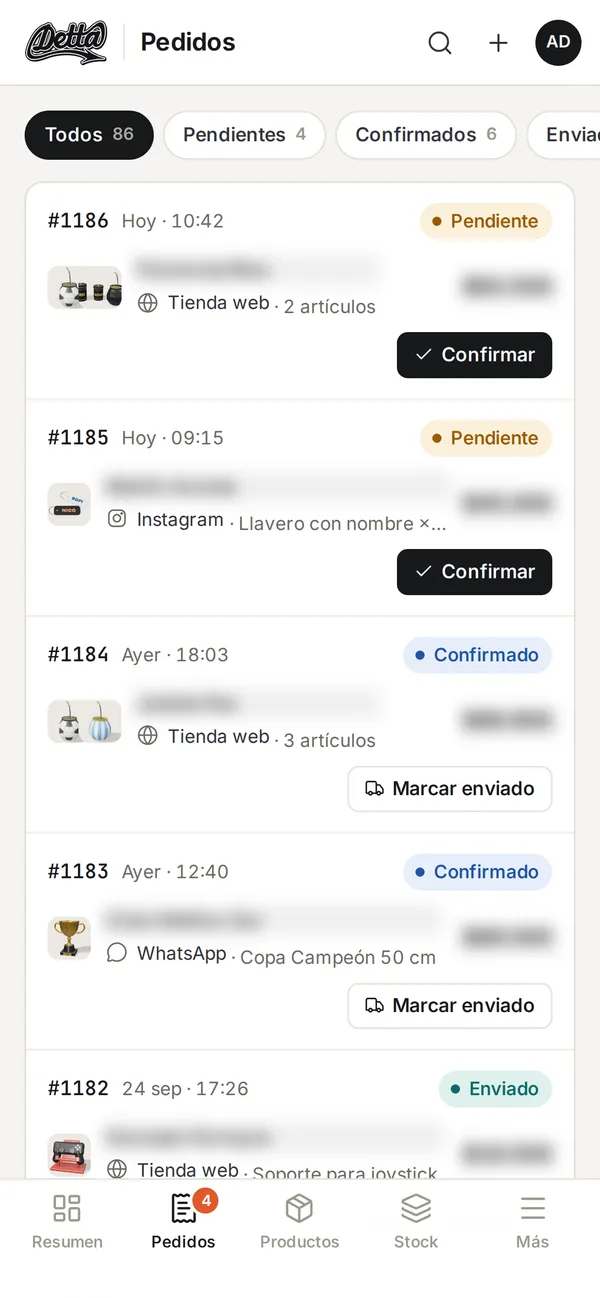 Lista de pedidos en el celular, con su estado y el próximo paso