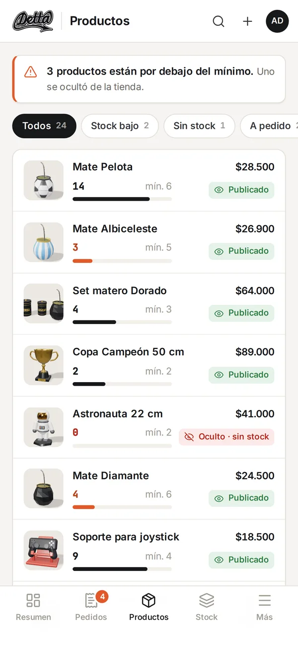 Productos con su stock contra el mínimo; uno agotado aparece oculto de la tienda