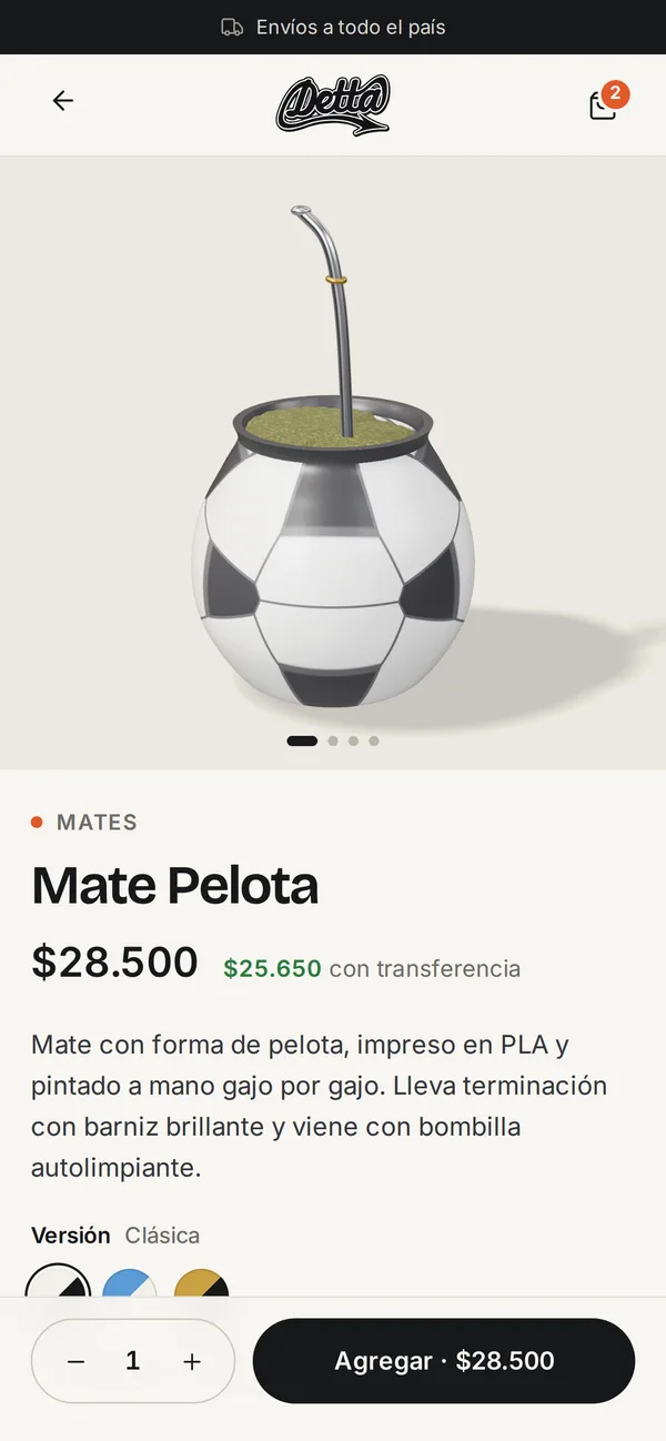 Ficha del Mate Pelota en un celular, con sus versiones de color